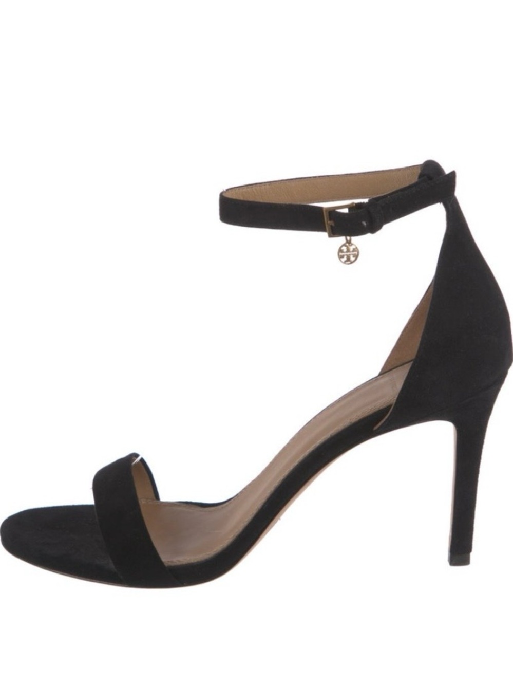 Tory Burch Black Suede Ankle-Strap Stiletto Heel with Logo Charm size 9.5